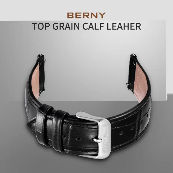 BERNY Quick Release Watch Bands Alligator Grain Calfskin Replacement Watch Straps Top Genuine Leather Watch Strap Stainless Steel Buckle Bracelet for Men Women  20mm 22mm Black Navy BlueBlack