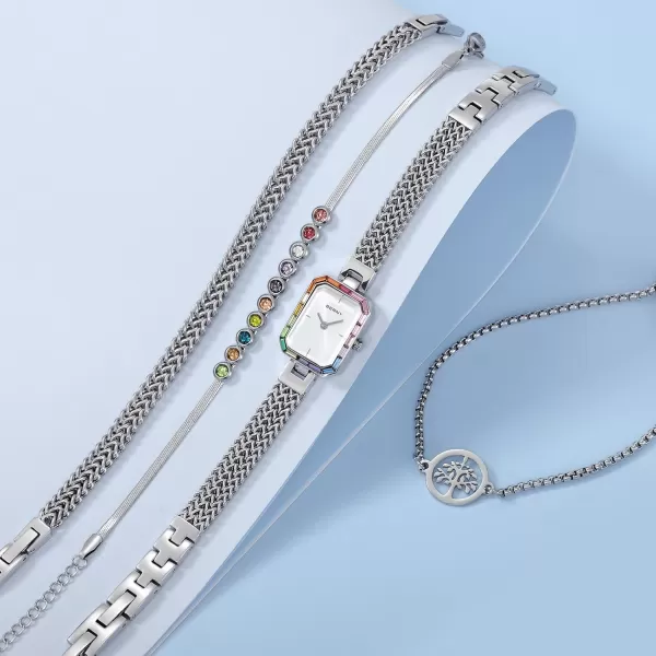 BERNY Silver Watches for Women Dainty Quartz Bracelet Watch Ladies Wrist Watch and Bracelet Set Coloured Stones Accented Fashion Luxury Birthday Gifts for WomenWhite