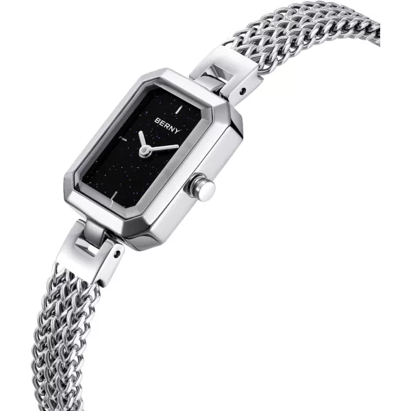 BERNY Silver Watches for Women Easy Resize Ladies Bracelet Watch All Stainless Steel Luxury Fashion Small Square Wristwatch Waterproof Detachable BandBlack