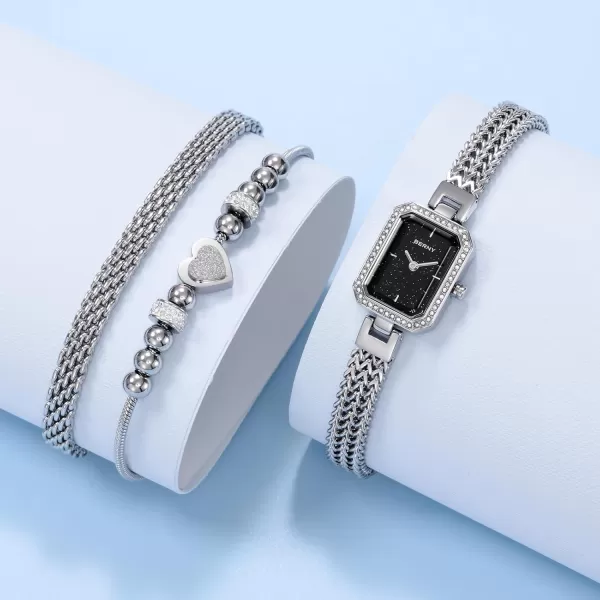 BERNY Silver Watches for Women Ladies Wrist Watch and Bracelet Set Dainty Quartz Bracelet Watch Premium Crystal Accented Fashion Luxury Birthday Present for WomenBlack