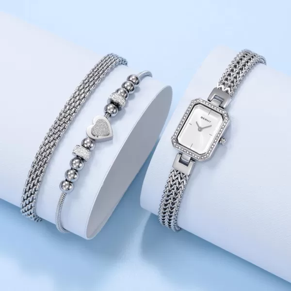 BERNY Silver Watches for Women Ladies Wrist Watch and Bracelet Set Dainty Quartz Bracelet Watch Premium Crystal Accented Fashion Luxury Birthday Present for WomenWhite