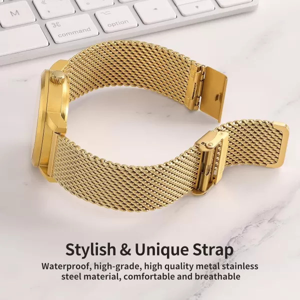 BERNY Stainless Steel Mesh Watch Band for Men Women Quick Release Adjustable Milanese Watch Straps Solid Metal Watch Bracelet with Double Safety Clasp Gold BlueGold