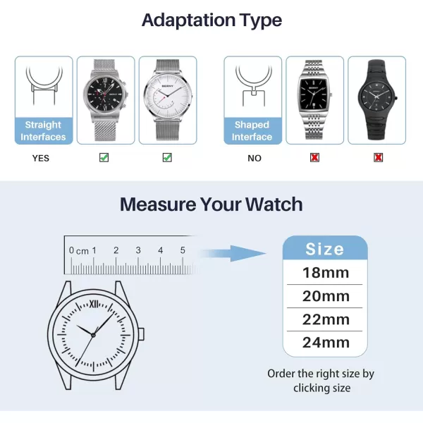 BERNY Stainless Steel Mesh Watch Band for Men Women Quick Release Adjustable Milanese Watch Straps Solid Metal Watch Bracelet with Double Safety Clasp 18mm 20mm 22mm 24mm22mm