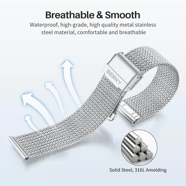 BERNY Stainless Steel Mesh Watch Band for Men Women Quick Release Adjustable Milanese Watch Straps Solid Metal Watch Bracelet with Double Safety Clasp 18mm 20mm 22mm 24mm22mm