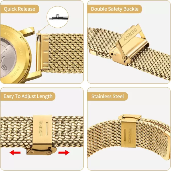 BERNY Stainless Steel Mesh Watch Band for Men Women Quick Release Adjustable Milanese Watch Straps Solid Metal Watch Bracelet with Double Safety Clasp Gold BlueGold