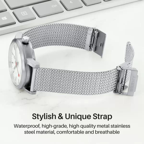 BERNY Stainless Steel Mesh Watch Band for Men Women Quick Release Adjustable Milanese Watch Straps Solid Metal Watch Bracelet with Double Safety Clasp 18mm 20mm 22mm 24mm20mm