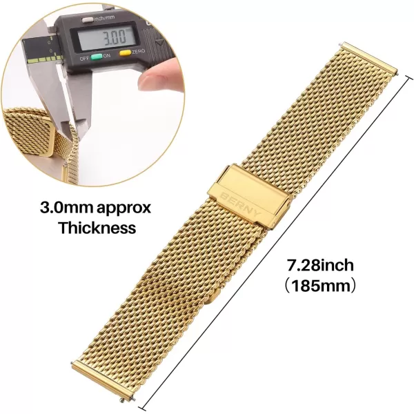 BERNY Stainless Steel Mesh Watch Band for Men Women Quick Release Adjustable Milanese Watch Straps Solid Metal Watch Bracelet with Double Safety Clasp Gold BlueGold