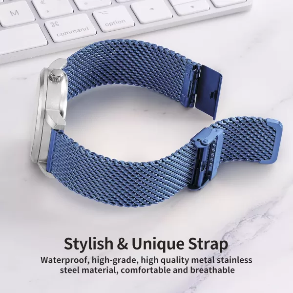 BERNY Stainless Steel Mesh Watch Band for Men Women Quick Release Adjustable Milanese Watch Straps Solid Metal Watch Bracelet with Double Safety Clasp Gold BlueBlue