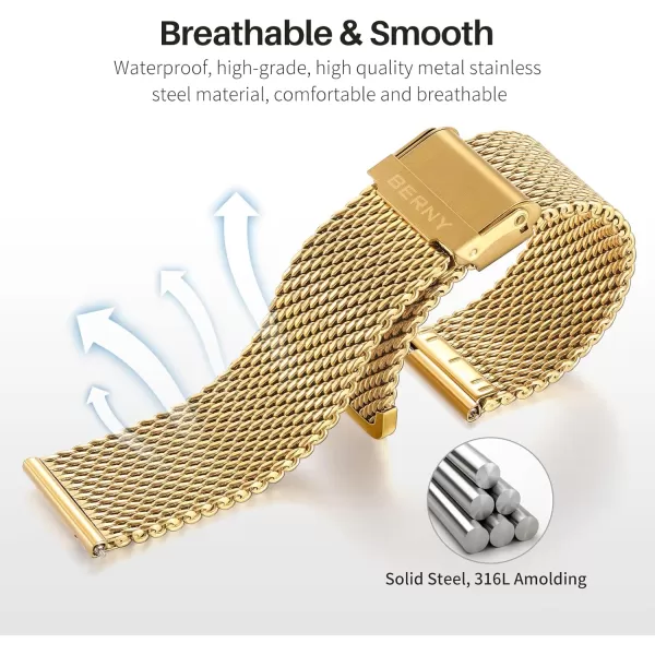 BERNY Stainless Steel Mesh Watch Band for Men Women Quick Release Adjustable Milanese Watch Straps Solid Metal Watch Bracelet with Double Safety Clasp Gold BlueGold