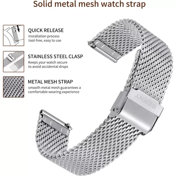 BERNY Stainless Steel Mesh Watch Band for Mens Women Quick Release Adjustable Milanese Watch Straps Thick Heavy Duty Metal Bracelet with Safty Clasp Black Silver 18mm 20mm 22mm 24mmSilver