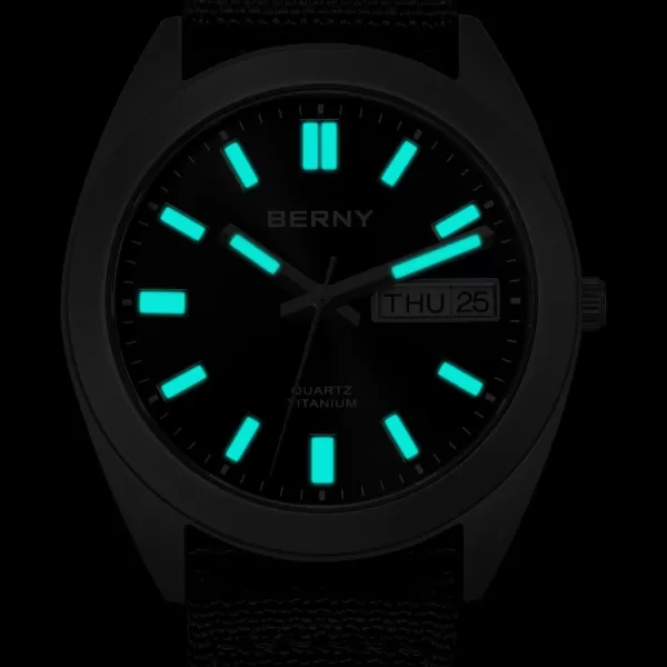 BERNY Titanium Watch for Men Japanese Quartz Movement Titanium Analog Quartz Watches 10ATM Waterproof Super LuminousCanvasBlack