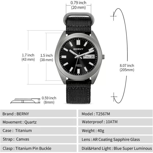 BERNY Titanium Watch for Men Japanese Quartz Movement Titanium Analog Quartz Watches 10ATM Waterproof Super LuminousCanvasBlack