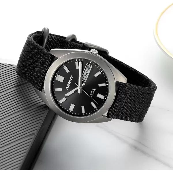 BERNY Titanium Watch for Men Japanese Quartz Movement Titanium Analog Quartz Watches 10ATM Waterproof Super LuminousCanvasBlack