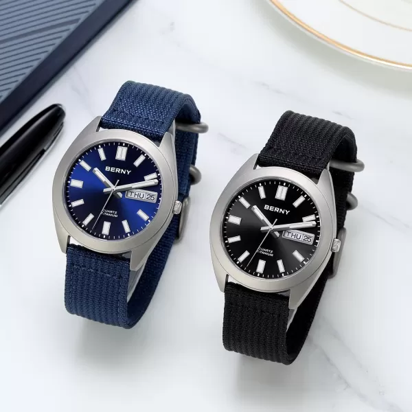 BERNY Titanium Watch for Men Japanese Quartz Movement Titanium Analog Quartz Watches 10ATM Waterproof Super LuminousCanvasBlue