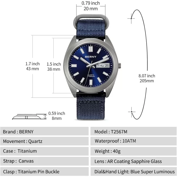 BERNY Titanium Watch for Men Japanese Quartz Movement Titanium Analog Quartz Watches 10ATM Waterproof Super LuminousCanvasBlue