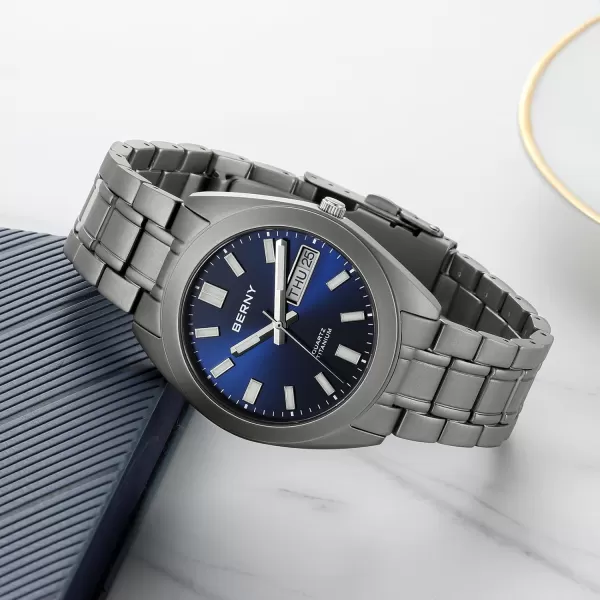 BERNY Titanium Watch for Men Japanese Quartz Movement Titanium Analog Quartz Watches 10ATM Waterproof Super LuminousTitaniumBlue