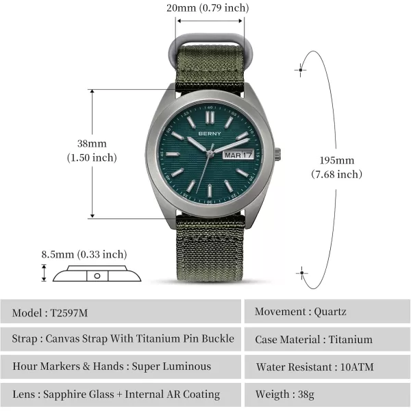 BERNY Titanium Watch for Men Japanese Sweep Second Quartz Movement Analog Quartz Watches Super Luminous Sapphire Glass 10ATM WaterproofCanvasGreen