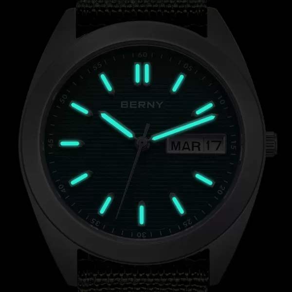 BERNY Titanium Watch for Men Japanese Sweep Second Quartz Movement Analog Quartz Watches Super Luminous Sapphire Glass 10ATM WaterproofCanvasGreen