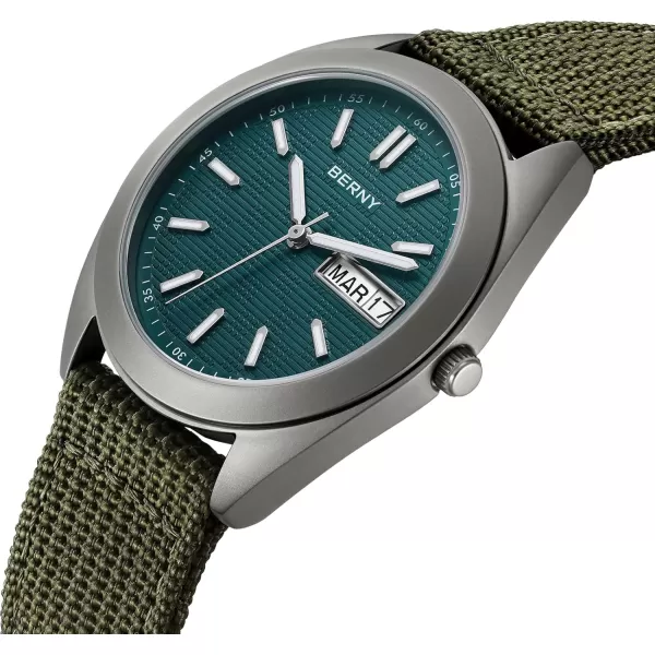 BERNY Titanium Watch for Men Japanese Sweep Second Quartz Movement Analog Quartz Watches Super Luminous Sapphire Glass 10ATM WaterproofCanvasGreen