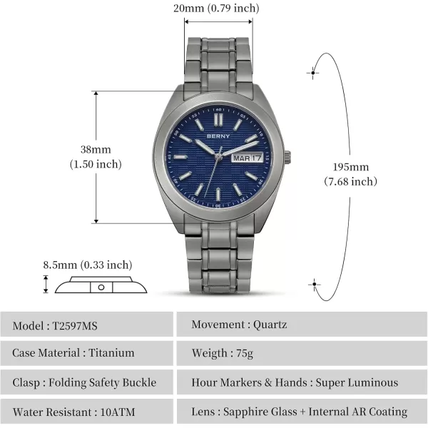 BERNY Titanium Watch for Men Japanese Sweep Second Quartz Movement Analog Quartz Watches Super Luminous Sapphire Glass 10ATM WaterproofTitaniumBlue