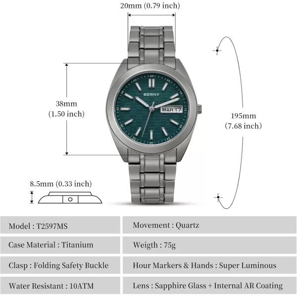 BERNY Titanium Watch for Men Japanese Sweep Second Quartz Movement Analog Quartz Watches Super Luminous Sapphire Glass 10ATM WaterproofTitaniumGreen