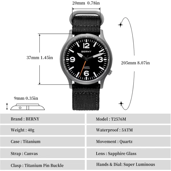 BERNY Titanium Watch for Men Japanese Sweep Second Quartz Movement VH31 5ATM Waterproof Analog Quartz Watch Super Luminous Sapphire GlassCanvasBlack