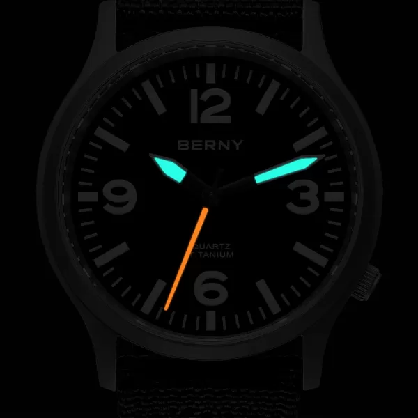 BERNY Titanium Watch for Men Japanese Sweep Second Quartz Movement VH31 5ATM Waterproof Analog Quartz Watch Super Luminous Sapphire GlassCanvasBlack