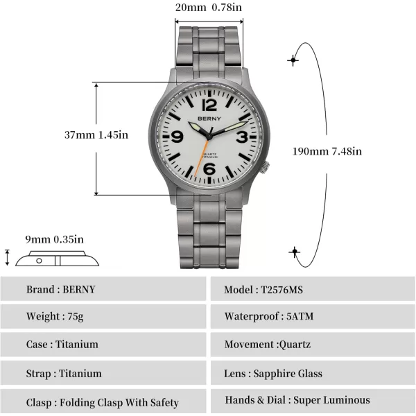 BERNY Titanium Watch for Men Japanese Sweep Second Quartz Movement VH31 5ATM Waterproof Analog Quartz Watch Super Luminous Sapphire GlassTitaniumWhite