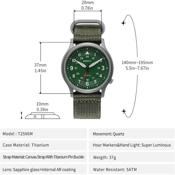 BERNY Titanium Watches Japanese Sweep Second Quartz Movement VH31 5ATM Waterproof Analog Quartz Watches for Men and Women Super Luminous Unisex WristwatchCanvasGreen