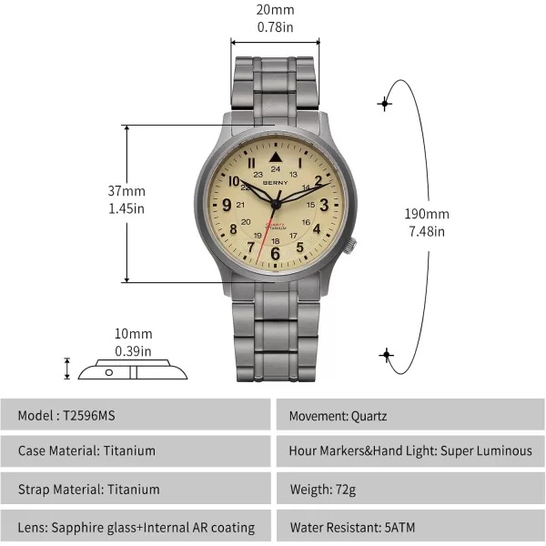 BERNY Titanium Watches Japanese Sweep Second Quartz Movement VH31 5ATM Waterproof Analog Quartz Watches for Men and Women Super Luminous Unisex Wristwatchbeige