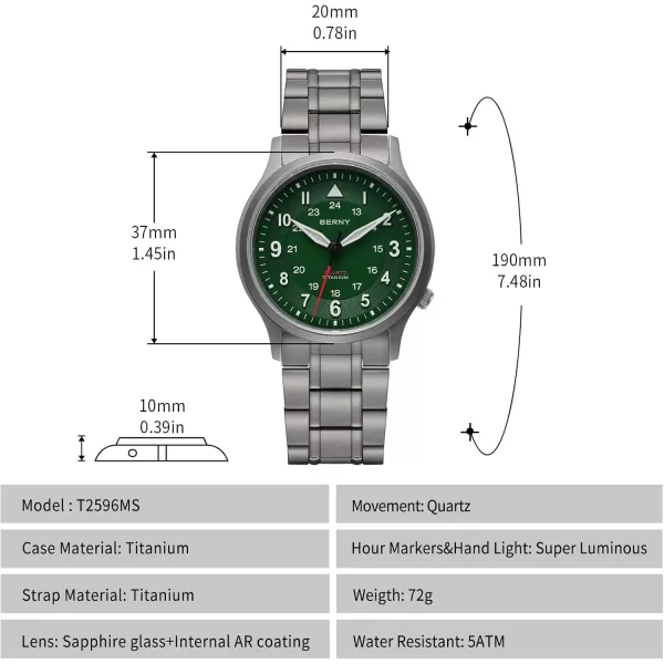 BERNY Titanium Watches Japanese Sweep Second Quartz Movement VH31 5ATM Waterproof Analog Quartz Watches for Men and Women Super Luminous Unisex Wristwatchgreen