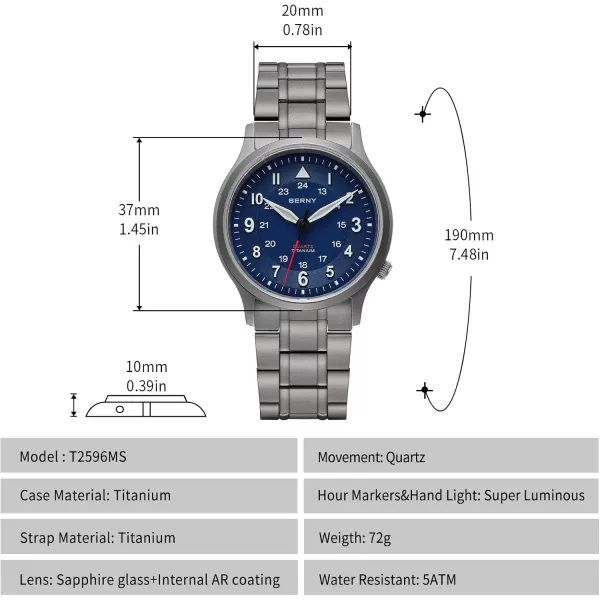 BERNY Titanium Watches Japanese Sweep Second Quartz Movement VH31 5ATM Waterproof Analog Quartz Watches for Men and Women Super Luminous Unisex Wristwatchblue