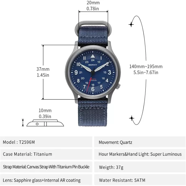 BERNY Titanium Watches Japanese Sweep Second Quartz Movement VH31 5ATM Waterproof Analog Quartz Watches for Men and Women Super Luminous Unisex WristwatchCanvasBlue