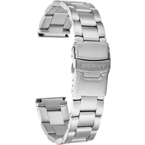 BERNY 20mm Stainless Steel Watch Bands Premium Solid Metal Watch Bracelet Straps for Men Women with Straight End Security Deployment BuckleSilver