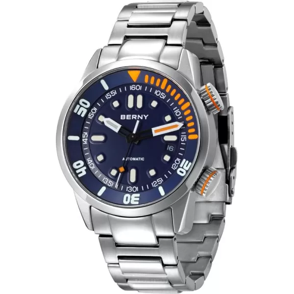 BERNY Automatic Watch for Men 200M Diving Watch Wristwatch HV600 Hardness Sapphire Glass Sturdy Stainless Steel Band Super Luminous Male WatchesBlue