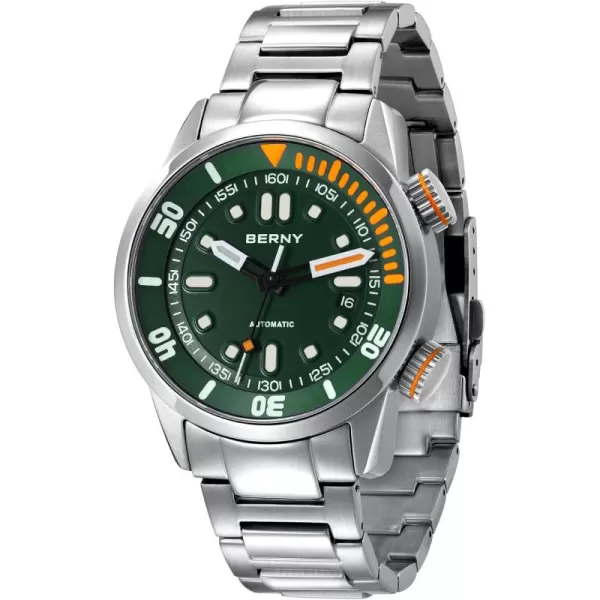 BERNY Automatic Watch for Men 200M Diving Watch Wristwatch HV600 Hardness Sapphire Glass Sturdy Stainless Steel Band Super Luminous Male WatchesGreen