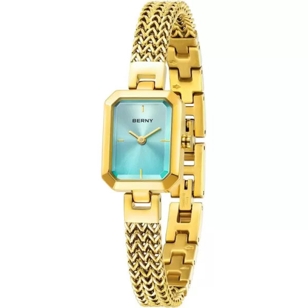 BERNY Gold Watch for Women Dainty Quartz Bracelet Watch Ladies Rectangle Mini Wrist Watches Small Fashion 3ATM Waterproof All Stainless Steel Detachable Watch BandLight Blue