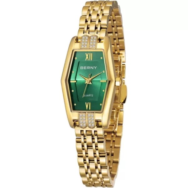 BERNY Gold Watches for Women Dainty Hexagon Ladies Quartz Wrist Watches Stainless Steel Band Fashion Analog Watch Luxury BraceletGreenFBM