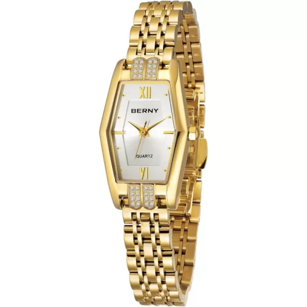 BERNY Gold Watches for Women Dainty Hexagon Ladies Quartz Wrist Watches Stainless Steel Band Fashion Analog Watch Luxury BraceletWhite