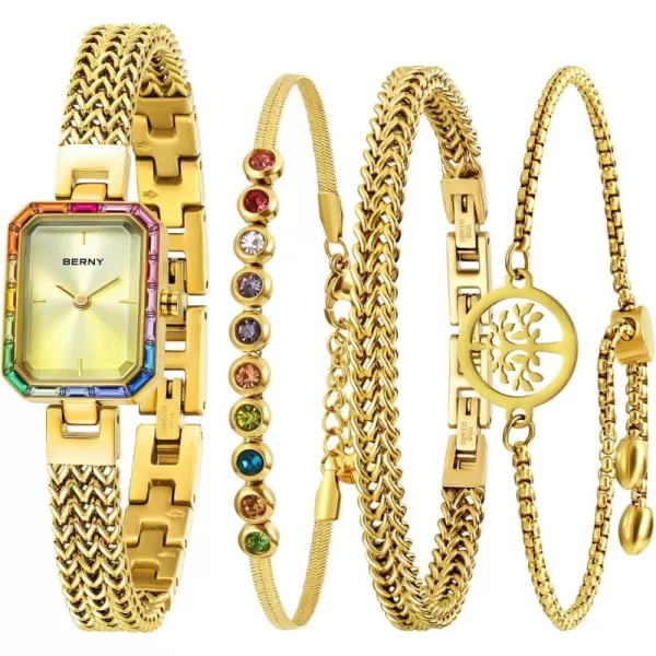 BERNY Gold Watches for Women Dainty Quartz Bracelet Watch Ladies Wrist Watch and Bracelet Set Coloured Stones Accented Fashion Luxury Birthday Gifts for WomenGold