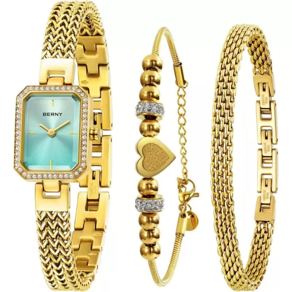 BERNY Gold Watches for Women Ladies Wrist Watch and Bracelet Set Dainty Quartz Bracelet Watch Premium Crystal Accented Fashion Luxury Birthday Present for WomenGlacier Blue