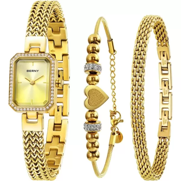 BERNY Gold Watches for Women Ladies Wrist Watch and Bracelet Set Dainty Quartz Bracelet Watch Premium Crystal Accented Fashion Luxury Birthday Present for WomenGold