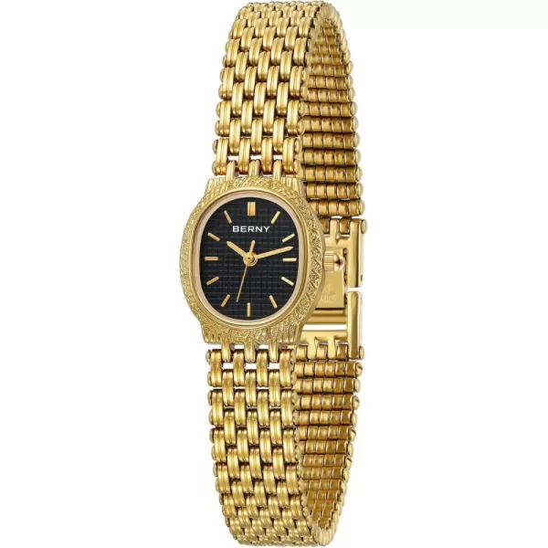 BERNY Gold Watches for Women Vintage Bracelet Wrist Watch Luxury Small Ladies Oval Quartz Watch with Tools IncludedBlack