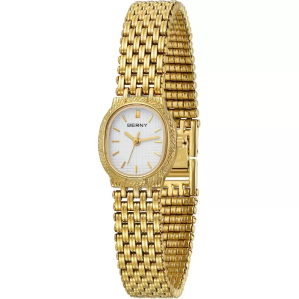 BERNY Gold Watches for Women Vintage Bracelet Wrist Watch Luxury Small Ladies Oval Quartz Watch with Tools IncludedWhite