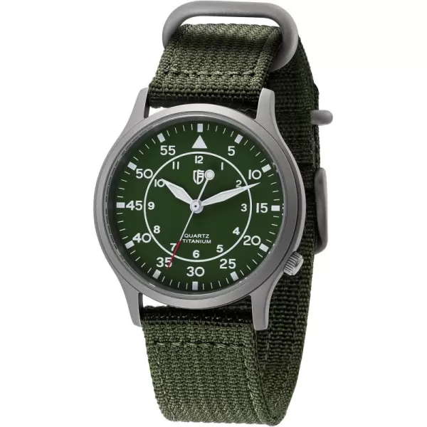 BERNY Mens Titanium Watch Japanese Sweep Second Quartz Movement Titanium Analog Quartz Watch T2566M WaterproofCanvasGreen