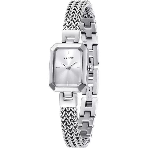 BERNY Silver Watches for Women Easy Resize Ladies Bracelet Watch All Stainless Steel Luxury Fashion Small Square Wristwatch Waterproof Detachable BandSilver