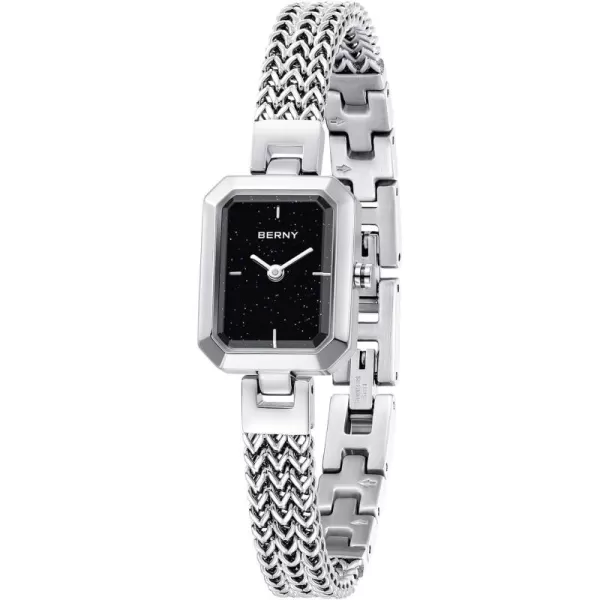 BERNY Silver Watches for Women Easy Resize Ladies Bracelet Watch All Stainless Steel Luxury Fashion Small Square Wristwatch Waterproof Detachable BandBlack