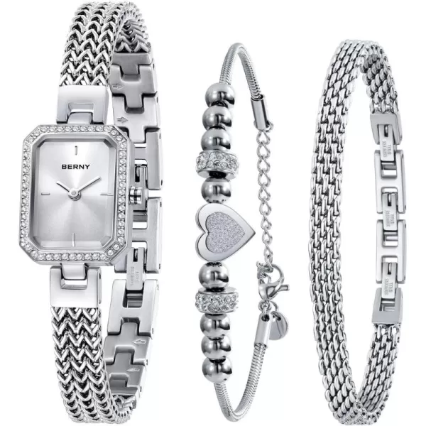 BERNY Silver Watches for Women Ladies Wrist Watch and Bracelet Set Dainty Quartz Bracelet Watch Premium Crystal Accented Fashion Luxury Birthday Present for WomenWhite