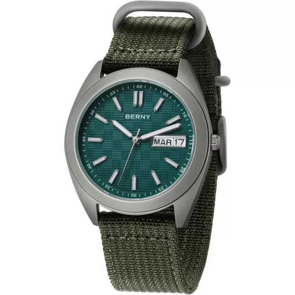 BERNY Titanium Watch for Men Japanese Sweep Second Quartz Movement Analog Quartz Watches Super Luminous Sapphire Glass 10ATM WaterproofCanvasGreen