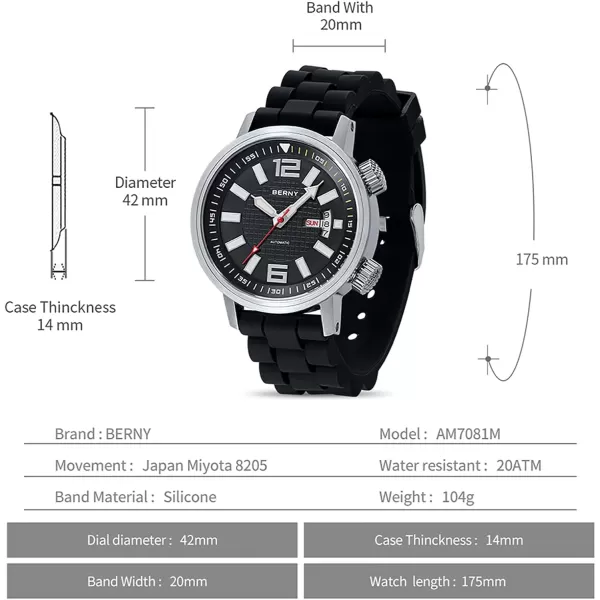 BERNY Automatic Mechanical Dive Watch for Men Self Winding Sport Silicon Strap Wristwatches Waterproof 20ATM Sapphire Glass Scratch Resistant Super LuminousNo Battery RequiredBlack